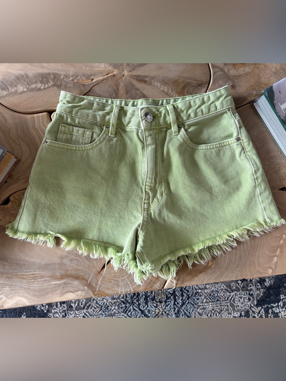 PacSun High Rise Festival Denim Shorts | Size 24 | Lime Green Raw Hem
